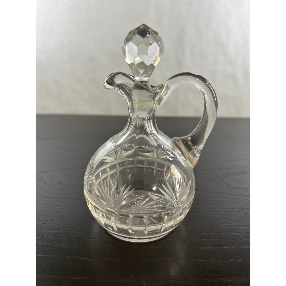 Vintage Cut Glass Cruet Bottle with Faceted Stopper Starburst Pattern Clear